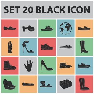 各种鞋的黑色图标集为设计收藏。靴子, 运动鞋矢量符号股票网页插图