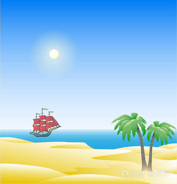 一幅海滩景观的矢量插图,可以看到大海和一艘漂浮的船.