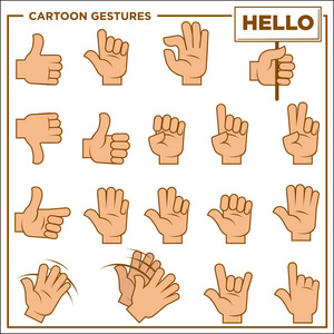 卡通手势显示的人手隔离矢量插图设置在白色背景。 手掌借助手指显示符号来表达情感，打招呼或告诉简短的信息。