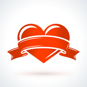 红心带丝带。St. 情人节矢量设计元素。爱情婚礼或约会浪漫装饰符号