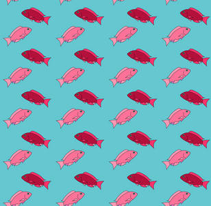 红色和粉红色美丽的卡通鱼图案漂浮在蓝色背景上的不同方向。 矢量图。 无缝的纹理。