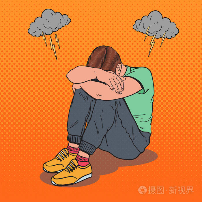 流行艺术强调年轻人坐在地板上 双手放在头上.沮丧和沮丧