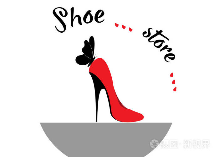 公司标志设计.红高跟鞋与蝴蝶, 矢量隔离或白色背景