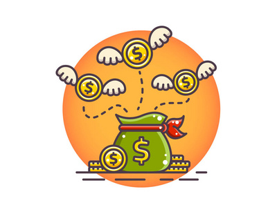 硬币美元,翅膀飞过钱袋照片