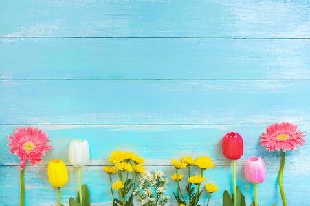 不同种类的彩色花在蓝色的木制背景上排队。 春季或夏季背景花卉的顶部景观和边界设计