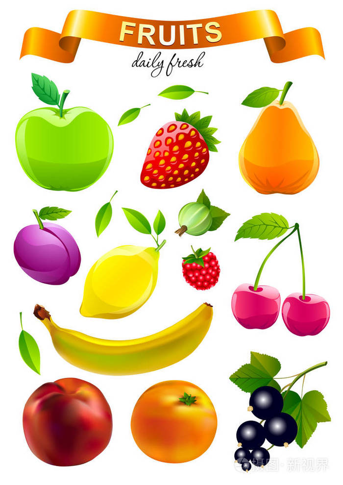 食物超市的五颜六色的物品在白色上等同的水果收集