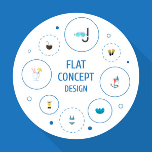 图标平面风格鸡尾酒, 潜水面具, 等矢量元素。设置的海滩图标平面风格的符号也包括海, 饮料, 酒精的对象