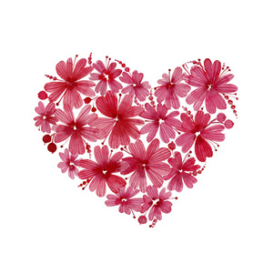 情人节卡片与花形的心脏。 从花和浆果中收集的心，用水彩画在白色背景上。