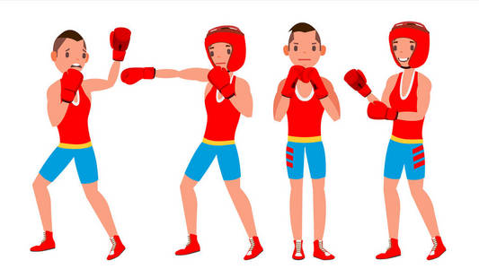 拳击手球员载体。力量男性运动员在行动。训练和战斗。平面卡通插图