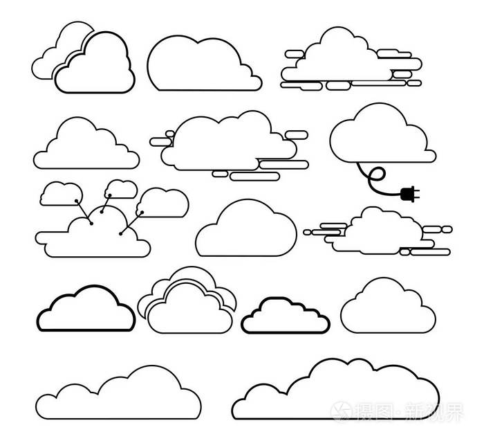 一组云彩线艺术图标。存储解决方案元素数据库网络。软件映像云和气象学概念。矢量插图。在白色背景上隔离