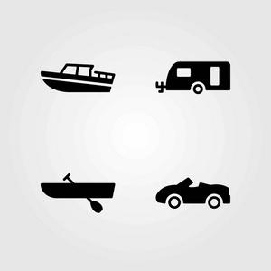 传输矢量图标设置。划船, 汽车和大篷车