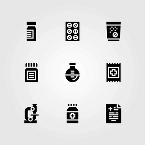 医学矢量图标设置。带急救药物和片剂