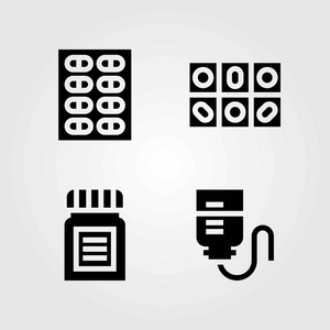 医学矢量图标设置。药片, 药物和下落柜台