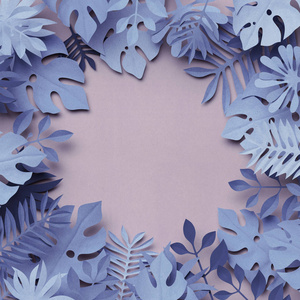 3d 渲染, 装饰纸丛林树叶, 纸质地, 空白框架, 热带自然