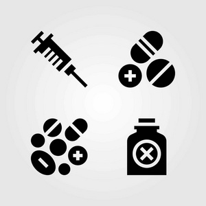 医学矢量图标设置。药丸和注射器