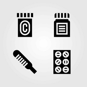 医学矢量图标设置。片剂温度计和医学