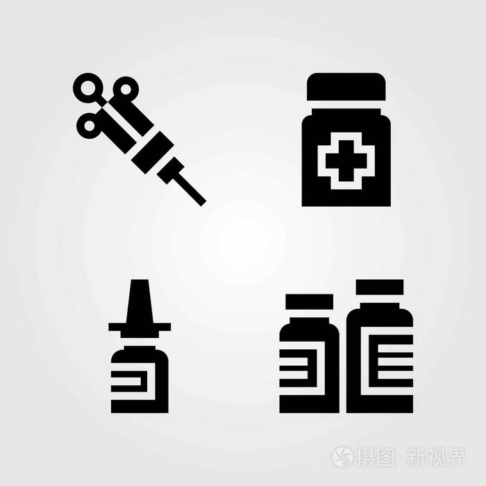 医学矢量图标设置.注射器,药丸和鼻腔喷雾