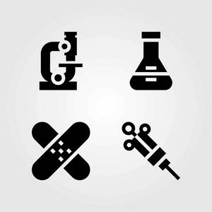 医学矢量图标设置。补丁, 烧瓶和注射器