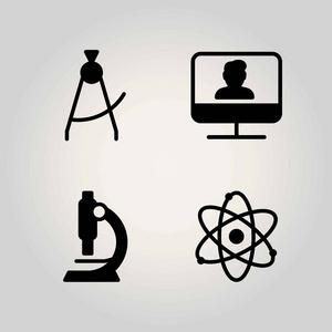 科学矢量图标集。显微镜显示器和原子