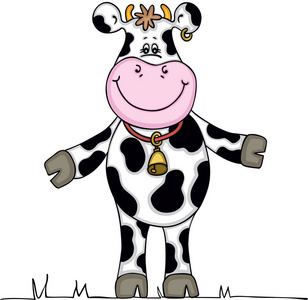 可伸缩矢量表示可爱的奶牛站立，插图孤立在白色背景。