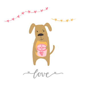 可爱的情人节礼品卡与狗心和字母爱。 书法手绘设计元素，用于印刷海报邀请派对装饰。 矢量。