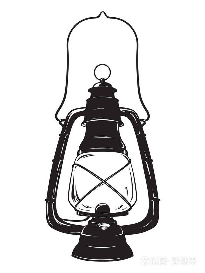 手绘的垃圾素描老式油灯或煤油灯孤立.矢量插图.t恤印花或海报设计