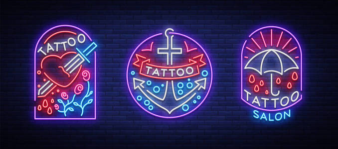 在霓虹灯风格的纹身客厅的标志集。收集的霓虹灯标志, 标志, 标志, 发光的广告牌, 霓虹灯的主题, 纹身, 纹身沙龙, 工作室。