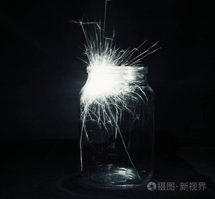 黑色背景上一个罐子里美丽的孟加拉火黑白摄影