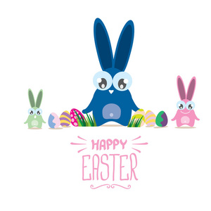 矢量快乐复活节贺卡与颜色的鸡蛋, 滑稽的复活节兔子和手绘文本在白色背景隔离。矢量春天复活节背景
