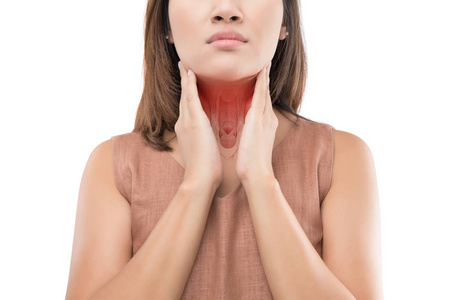 脖子淋巴结肿大白色背景下女性身体上的咽部照片照片