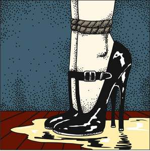 高跟鞋后入式图穿着高跟鞋站在水坑里的束缚女性的脚. 成人插图照片