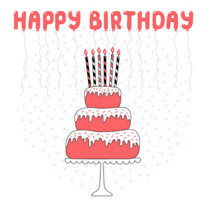 手工绘制的生日卡，卡通层蛋糕与蜡烛顶部矢量插图