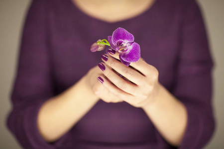 s dress hands holding some orchid flowers, sensual studio shot c