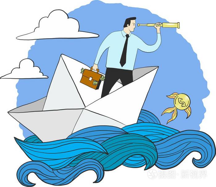 一个人在海上航行,走向成功,并展望未来的卡通矢量插图孤立在白色背景