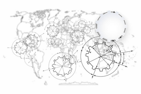 在啮合的齿轮。工程制图与齿轮抽象工业背景