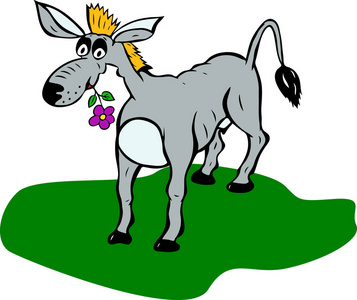 花在嘴上的灰驴画在绿色的草坪上