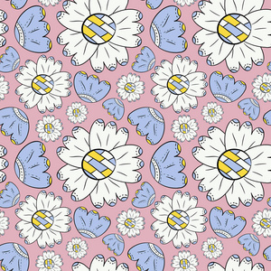 色花的矢量无缝图案可在斯堪的纳维亚风格的手上画上颜色背景的百合和向日葵。用于背景纺织品包装纸