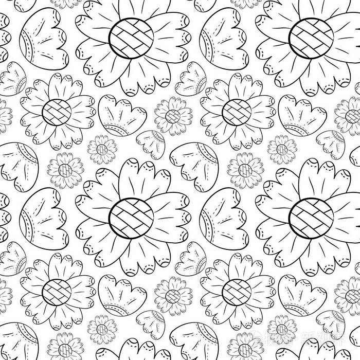 单色花的矢量无缝图案可在斯堪的纳维亚风格的手上画上白色背景的百合和向日葵。用于背景纺织品包装纸
