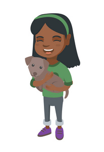 非裔美国人快乐的女孩抱着狗