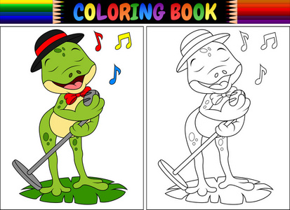 彩色书卡通青蛙歌唱矢量插图