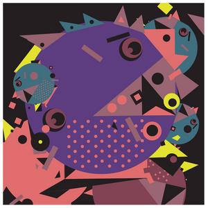 矢量分形织物圆圈随机抽象彩色壁纸图案背景。 具有复古风格的鸟类和鱼类人物插图。