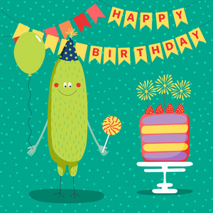 手绘生日卡与可爱有趣的怪物在派对帽，拿气球与蛋糕和发髻在背景矢量插图。