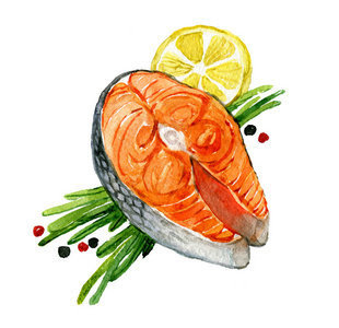鲑鱼与柠檬和草药分离的白色背景水彩插图