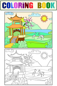 日本的自然着色书为儿童卡通插图。白色黑色和彩色