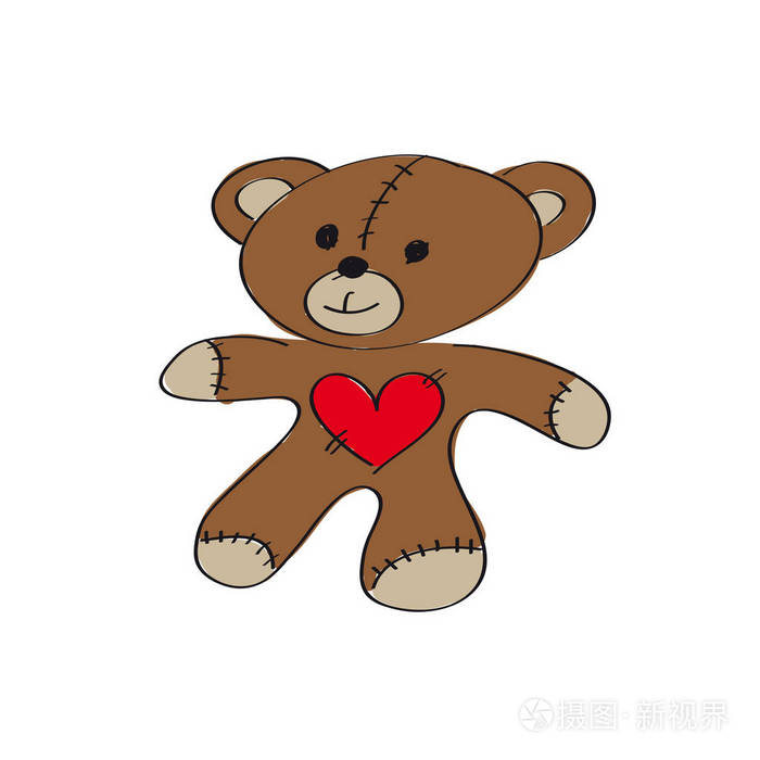 可爱的手绘泰迪熊玩具红色心脏
