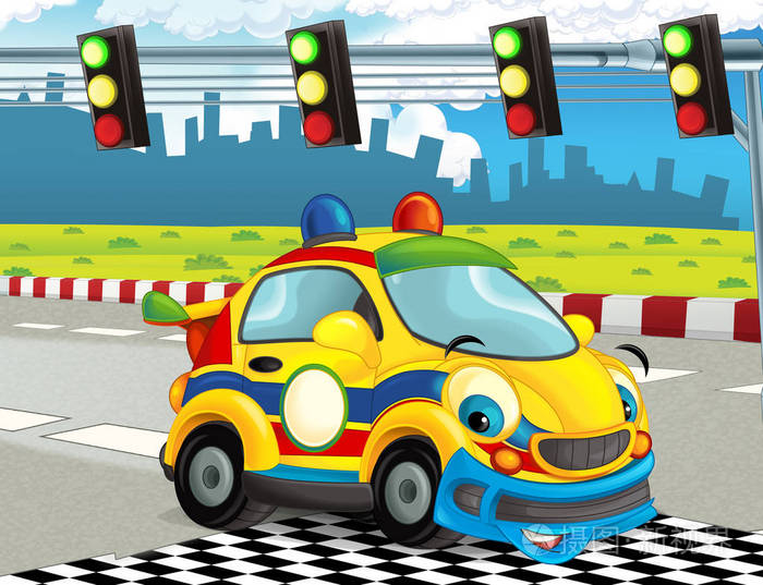 卡通,有趣,快乐的外观赛车,赛道插图儿童