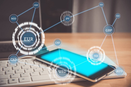 智能手机上的表与货币连接显示在虚拟