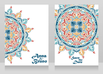印度风格婚礼的两张卡片与传统的皇家曼陀罗可以作为印度风格派对的邀请，矢量插图。