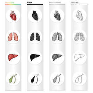 心脏, 内脏器官, 肺一人, 肝, 胆囊。人体器官集合图标在卡通黑色单色轮廓样式矢量符号股票插图网站