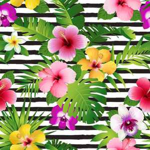 条纹背景矢量插图上的热带花卉和树叶